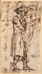 Karikatur eines gehenden Mannes mit Händen in einer Muffe, im Profil nach rechts