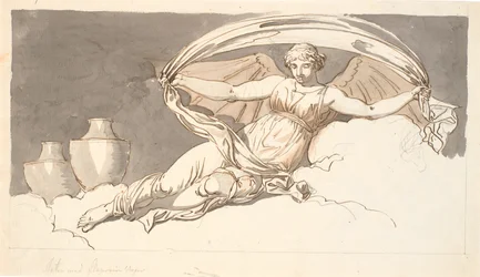 Die Nacht, eine ruhende Frau mit Fledermausflügeln