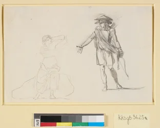 Szene zwischen zwei Figuren. Links eine sitzende Frau mit entblößtem Oberkörper, rechts ein gehender Mann mit Bogen und Köcher