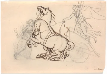 Pax triumphans. Dänemarks Genius mit einem Merkurstab in der Hand stoppt die Kriegsgöttin Biga