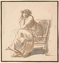 Profilbild der zweiten Frau des Künstlers Juliane Marie Abildgaard geb. Ottesen, schwanger, sitzend in einem Lehnstuhl mit dem Kinn auf die Hand gestützt und dem Ellbogen auf dem Knie