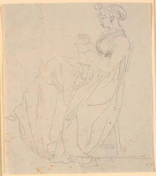 Profilbild der zweiten Frau des Künstlers Juliane Marie Abildgaard geb. Ottesen, sitzend mit Nähzeug, ganze Figur