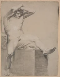 Sitzendes Modell auf hohem Sockel mit Kissen. Von vorne gesehen. Arme über dem Kopf gekreuzt. Linkes Bein ausgestreckt und leicht gebeugt