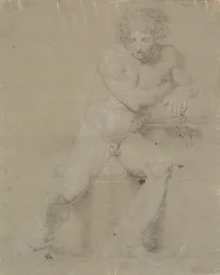 Sitzendes Modell auf Plinthe mit Kissen. Von vorne gesehen. Rechte Hand unter der linken Achselhöhle