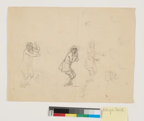 Studien von Köpfen und Figuren, darunter eine männliche Figur dreimal dargestellt