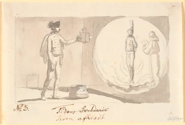 Die Zeit entkleidet. Ein Husarenoffizier mit einer Laterna magica zeigt ein Bild eines Sünders auf dem Scheiterhaufen und daneben ein Mönch, der Gebete liest