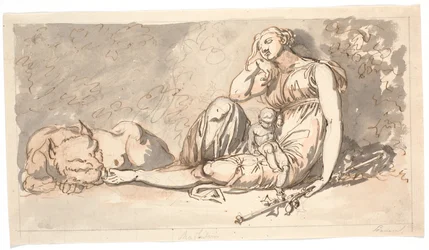Entwurf für ein Türstück. Der Schlaf, eine liegende Frauenfigur mit einem kleinen Kind und zu ihrer rechten Seite ein Löwe