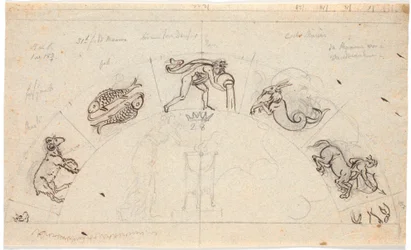 Entwurf zu einem Relief eines halbrunden Feldes; in der Mitte eine Frau, die an einem Dreifuß opfert, umgeben von einigen Tierkreiszeichen