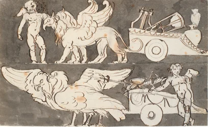 Geflügelte Knaben bei den Wagen von Apollo und Jupiter, gezogen von Greifen und Adlern