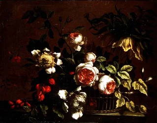 Rosen, Pfingstrosen und andere Blumen auf einer Kante