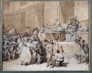 Französische Revolution: Der Nationalkonvent beschließt die Abschaffung der Sklaverei in den Kolonien am 4.02.1794 (16 Pluviose An II) in Paris. Tuschzeichnung von Nicolas Andre Monsiau (1754-1837)