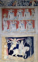 Apokalypse-Wandteppich (1373-1383), Nr. 28: Heiliger Johannes auf Patmos und die sieben Kirchen Asiens und unten das erste Siegel: Der Sieger mit dem weißen Pferd. Wandteppich von Nicolas Bataille (1330-1405)