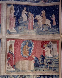 Wandteppich der Offenbarung (1373-1383), Nr. 46: Das Tier bringt seine Zahl: 666. Unten, Nr. 53, die Ernte der Auserwählten. Tapisserie von Nicolas Bataille