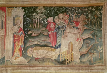 Die Freude der Menschen nach dem Tod der zwei Zeugen, Nr. 32 aus der Apokalypse von Angers, 1373-87
