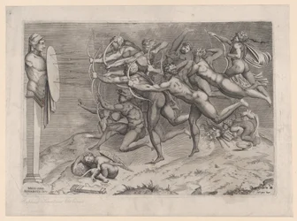 Nackte Bogenschützen schießen auf eine an einer Herme befestigte Zielscheibe, darunter der schlafende Amor, möglicherweise ..., ca. 1540-60.