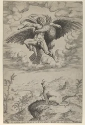 Der Raub des Ganymed durch Jupiter in Gestalt eines Adlers, der ihn in den Himmel trägt