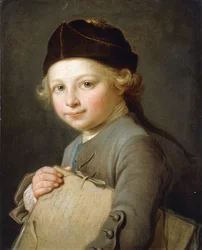 Porträt eines Jungen, halblang, in einem grauen Mantel und einer Mütze