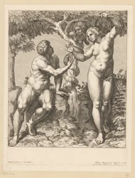 Adam und Eva von der Schlange verführt