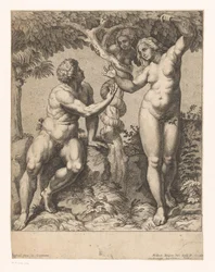 Adam und Eva von der Schlange verführt