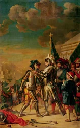 Henri II (1519-59) verleiht Gaspard de Saulx (1509-73) Graf von Tavannes die Kette des Ordens von Saint-Michel nach der Schlacht von Renty, 13. August 1554, 1789