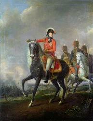 Reiterporträt des Herzogs von Wellington mit britischen Husaren auf einem Schlachtfeld, 1814