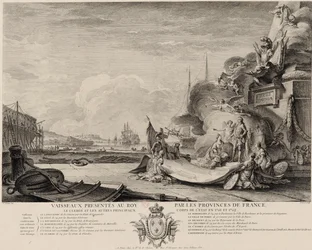 Allegorische Gravur über die Schenkung der Schiffe um 1762