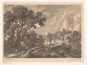 Landschaft mit kniender Figur bei einem Esel