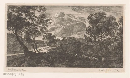 Landschaft mit trinkenden Rindern rechts