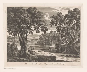 Landschaft mit Fluss und Spaziergängern