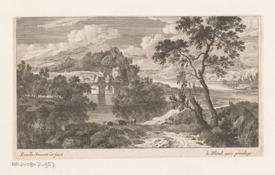 Flusslandschaft mit Brücke mit zwei Bögen
