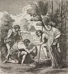 Hirten von Arkadien, nach einem Gemälde von Nicolas Poussin, Illustration aus Teatro universale, Raccolta enciclopedica e scenografica, Nr. 512, 4. Mai