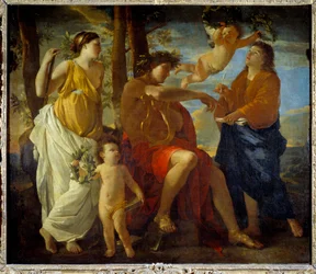 Die Inspiration des Dichters Ein Dichter, eine Lyra in der Hand und mit einem Lorbeerkranz gekrönt, umgeben von Musen und Putti. Gemälde von Nicolas Poussin