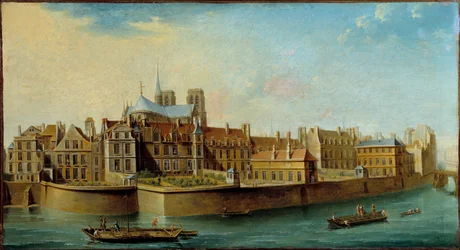 Ansicht der Île de la Cité mit der Apsis der Kathedrale Notre Dame und dem Quai aux Fleurs von der Île Saint Louis in Paris