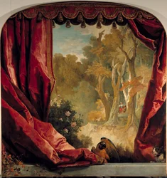 Dekorative Komposition mit Vorhängen, Landschaft und Tieren