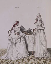 Zwei Damen beim Frühstück in ihrem Ankleidezimmer, mit Nachtmützen und Morgenmänteln, aus Nikolaus Heideloffs 