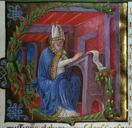 Der heilige Augustinus schreibt Miniatur von Nicolo Polani aus „De civitate dei“ (Die Stadt Gottes) von Augustinus von Hippo (354-430). 1459. Paris, Bibliotheque sainte Genevieve