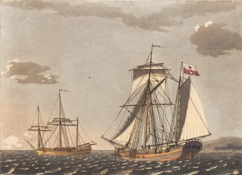 Ein freilaufendes Schiff vor Anker und eine Stettiner Galeasse, die ankern will