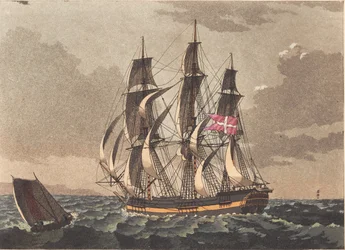 Ein Lotsenboot und ein dänisches Fregattenschiff bei einer Schleierung