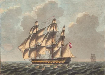 Ein dänisches Linienschiff, das fast vor dem Wind segelt