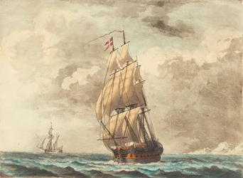 Ein dänisches Kriegsschiff segelt bei leichter Brise