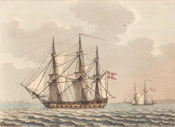 Ein dänisches Kriegsschiff vor Anker, das seine Segel trocknet