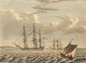 Französische Kriegsschiffe vor Anker und ein kreuzendes Boot