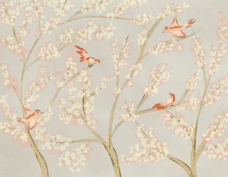 Rosa Vögel und Frühlingsblüten
