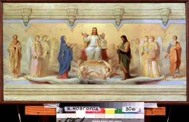 Die Sieben Heiligen Sakramente. Allegorie der russisch-orthodoxen Kirche, Darstellung der Taufe, Eucharistie, Chrismation, Buße, Letzte Ölung, Ehe und Priesterweihe. In der Mitte hält Jesus Christus ein Lamm
