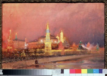 Illumination des Moskauer Kremls. Stadtlandschaft mit russischen Flaggen und einer Menschenmenge auf den Kais entlang der Moskwa, 1856-1900, 1896. Russische Kunst