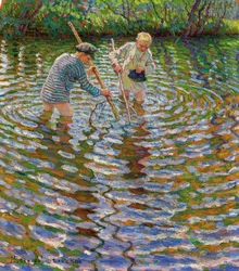 Junge Jungen fischen nach Flusskrebsen
