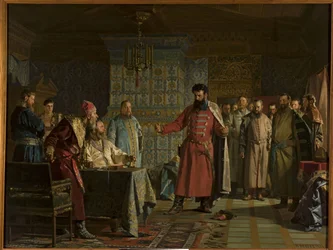 Der Streit von Zakhary Petrovich Lyapunov (gestorben nach 1612) mit Zar Wassili IV. Schuiski (1552-1612) im Kreml