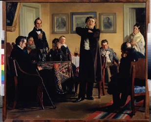 Der Schauspieler Pawel Mochalow (1808-1848) umgeben von seinen Bewunderern. (Schauspieler P. Mochalow unter seinen Bewunderern). Er gilt als der größte Tragöde des romantischen Russlands und spielt eine Rolle in einem privaten Salon, die Zuschauer sind auf