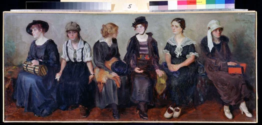 Theatertruppe. Porträts von sechs jungen Frauen, die nebeneinander sitzen, mit verschiedenen Ausdrücken. Gemälde von Nikolai Alexejewitsch Kasatkin (Kasatkine) (1859-1930), Öl auf Leinwand