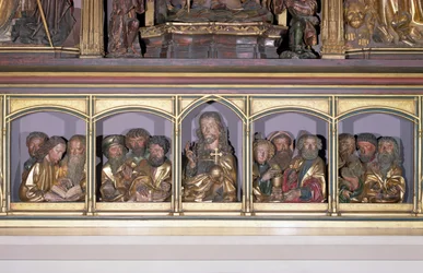 Holzschnitzereien von Christus und den zwölf Aposteln, von der Predella des Retabels des Isenheimer Altars, um 1490